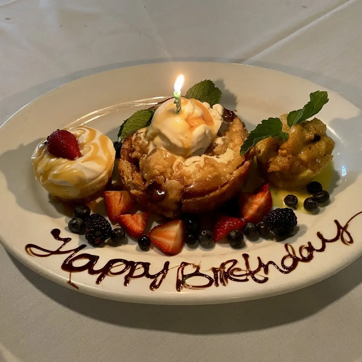Happy Birthday Sampler w Bread Pudding Cheesecake and Chocolate Mousse