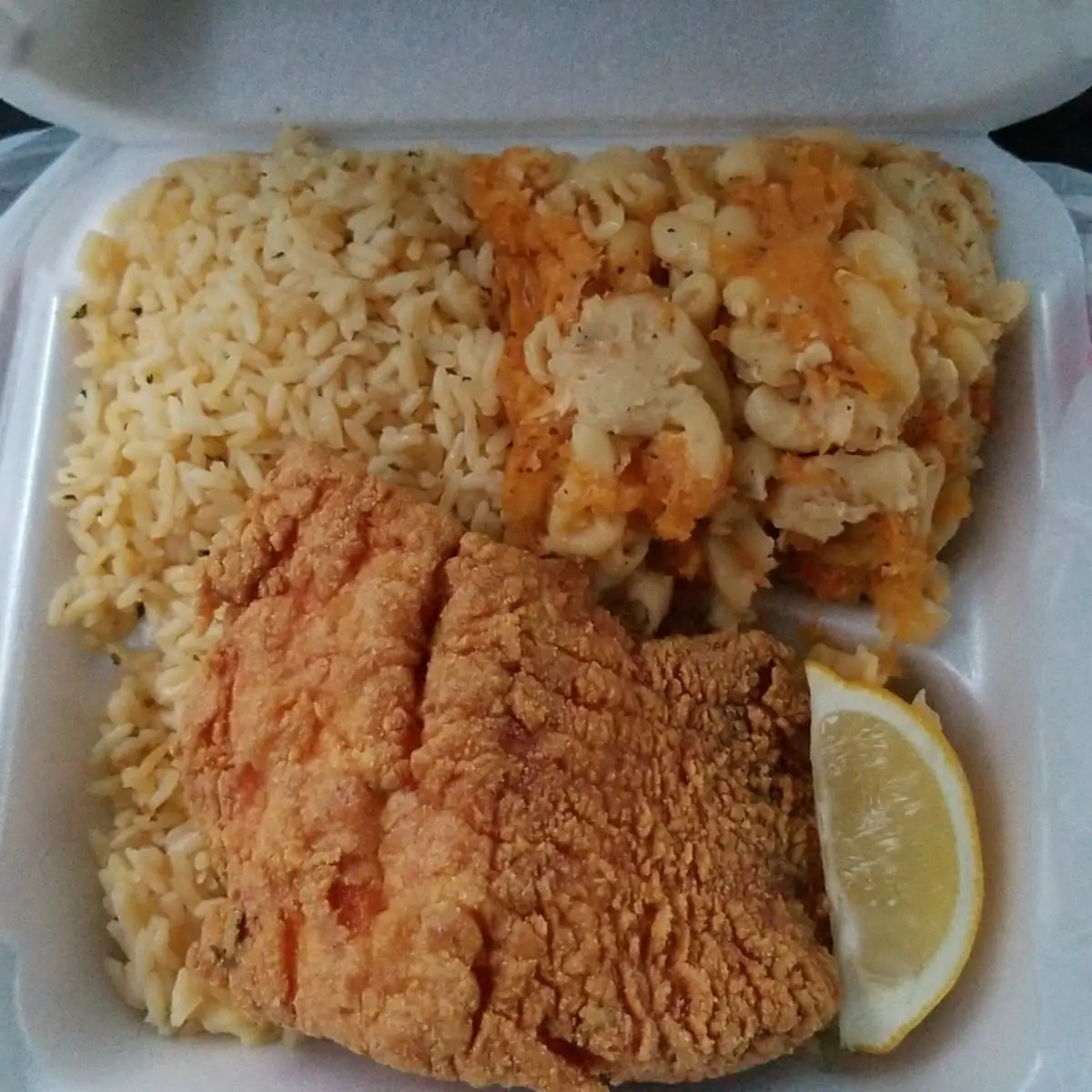 Fried Salmon Yellow Rice and Mac Cheese