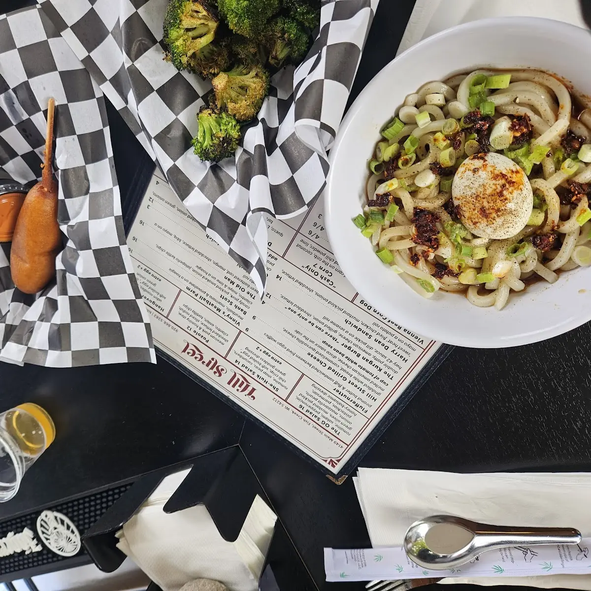 Corn Dog Grilled Broccoli and Udon Noodles