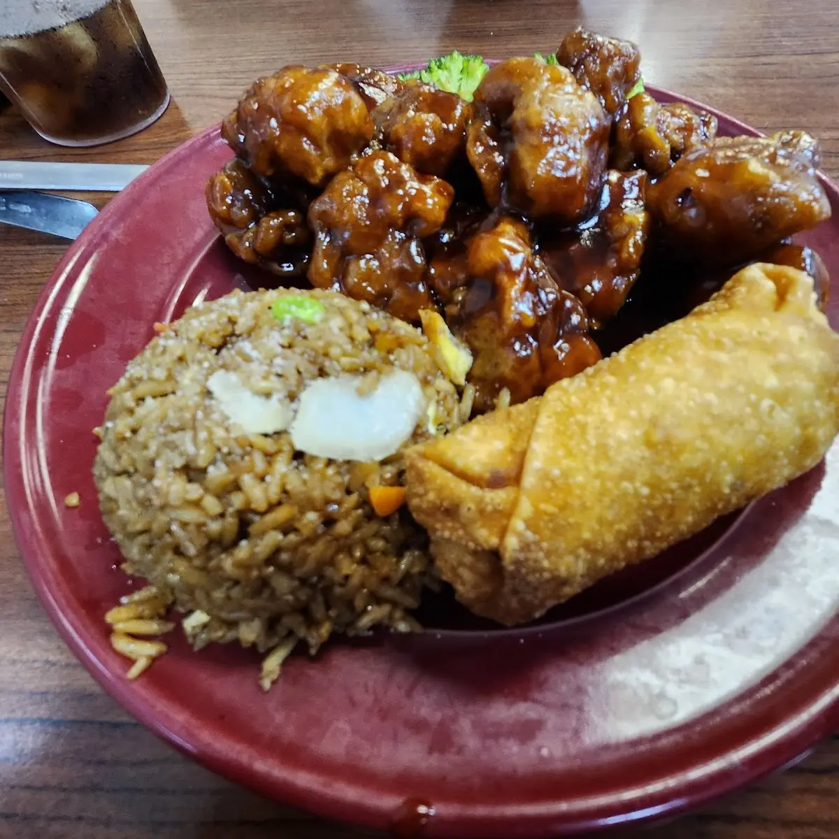 General TSO's Chicken with Pork Fried Rice Egg Roll
