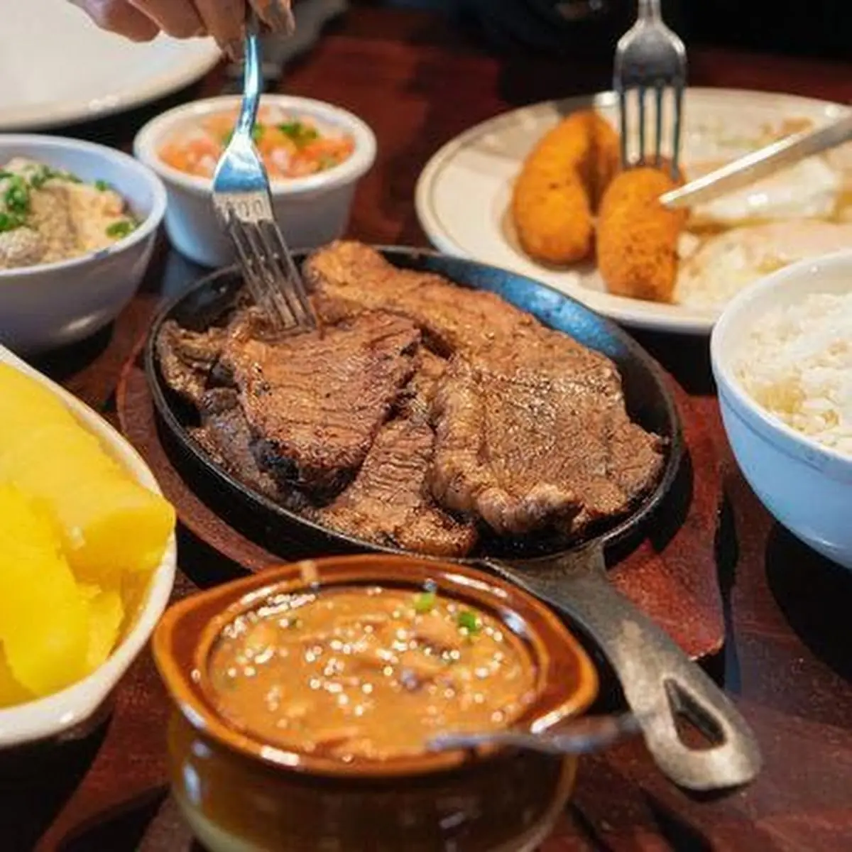 Steak with Rice and Fried Pork Belly