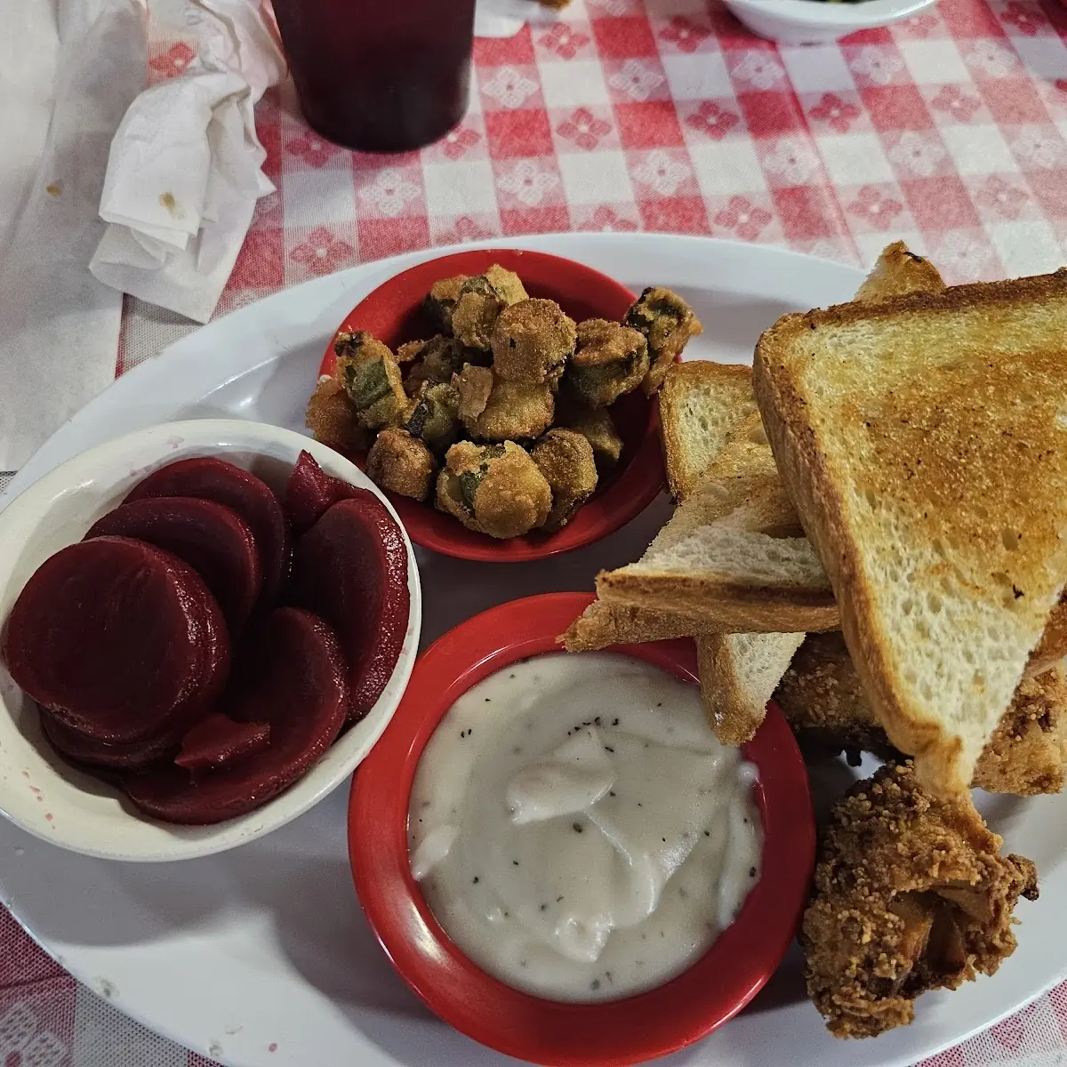 Chicken Strips Fried Okra Pickled Beets Side Salad