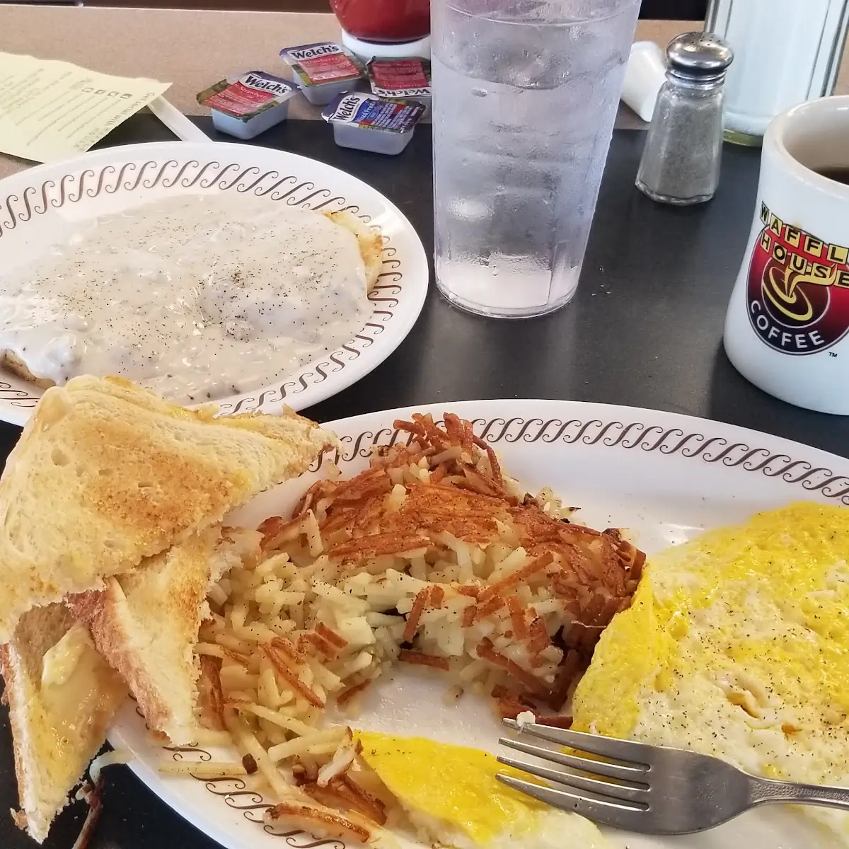 Eggs Bacon Hash Browns w Side of Biscuits N Gravey