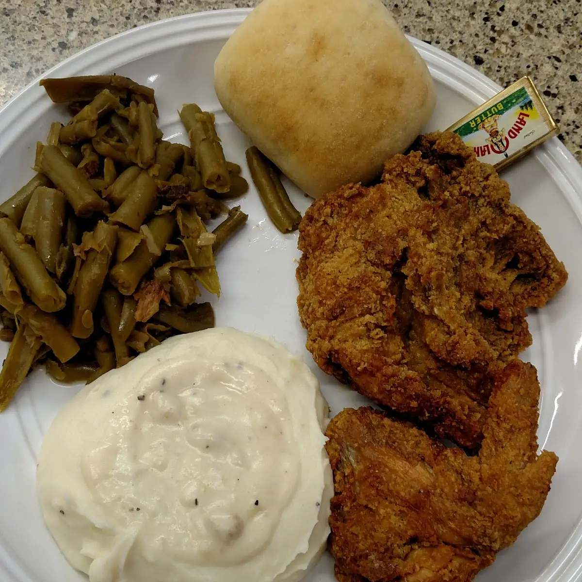 Friday Special Is Fried Chicken Green Beans and Mashed Potatoes with Gravy