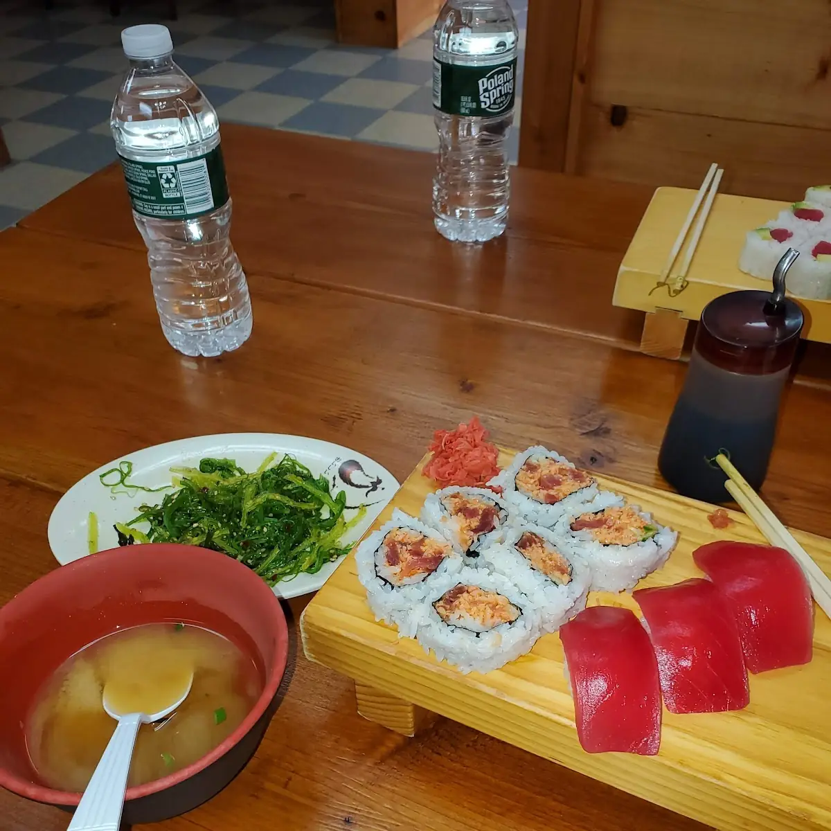 Spicy Tuna Roll Miso Soup and Seaweed Salad