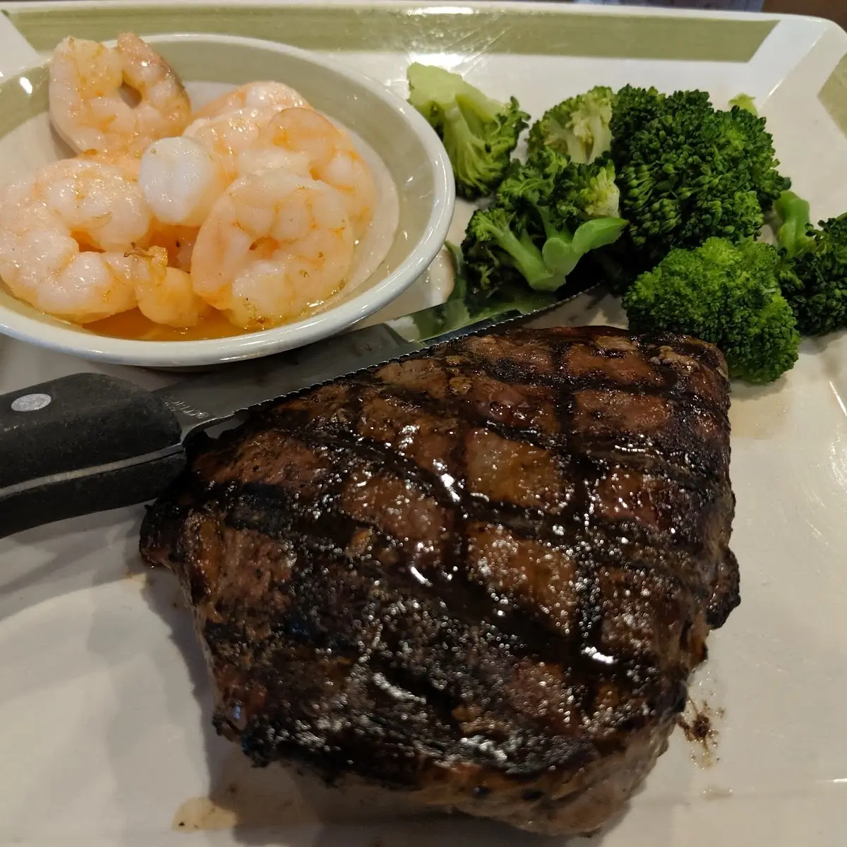 Grilled Steak and Shrimp with Steamed Broccoli