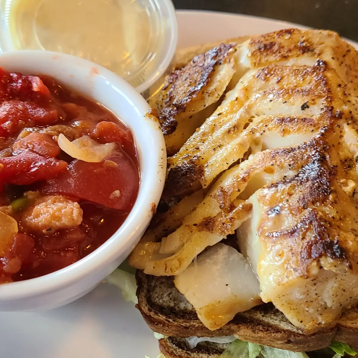 Fish Sandwich and Stewed Tomato