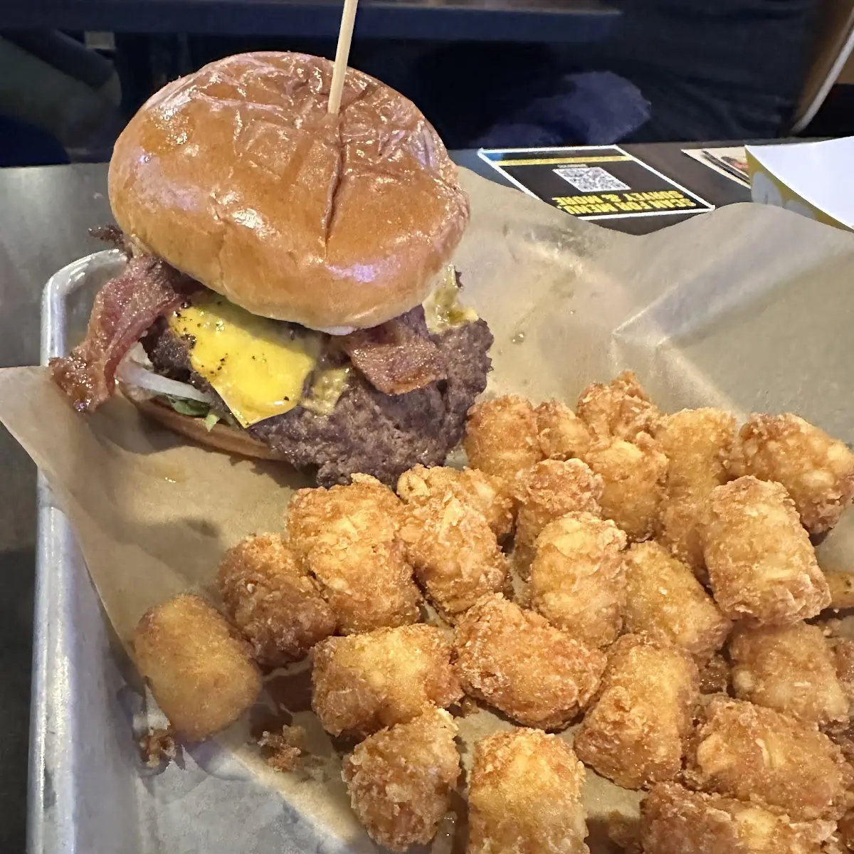 Double Bacon Burger with Tots