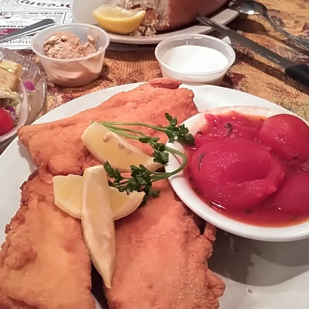 Cracker Meal Breaded Fried Cod & Stewed Tomatoes Side Salad
