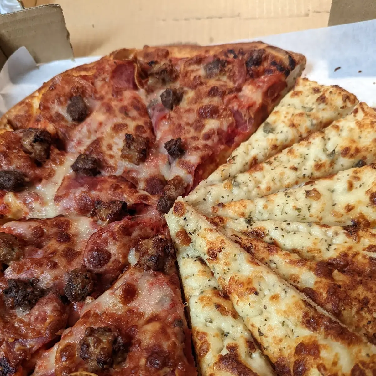 Garlic Cheese Bread and All Meat Pizza