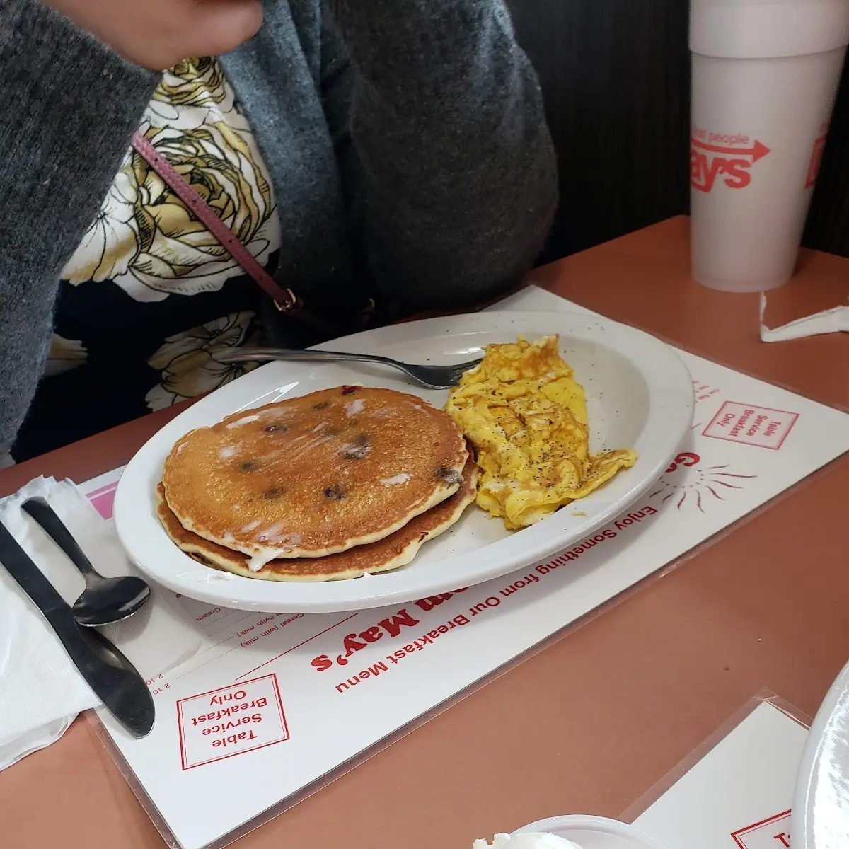Blueberry Pancakes Scrambled Eggs with Bacon