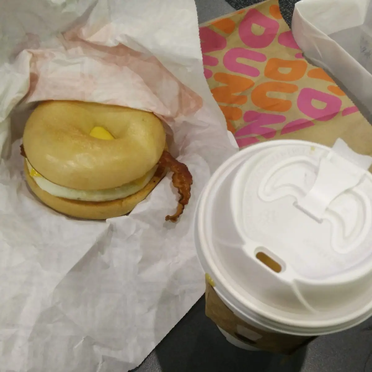 Coffee and Bacon Egg Cheese Bagel