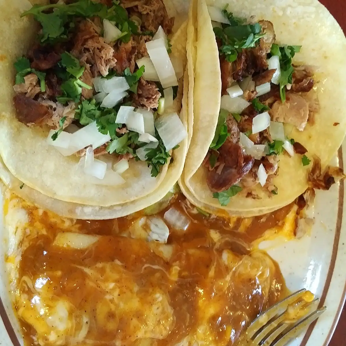 Carnitas Tacos and Cheese Enchilada