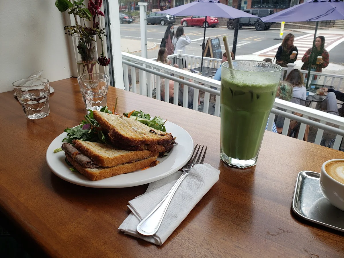 Brisket Sandwich and Matcha Latte