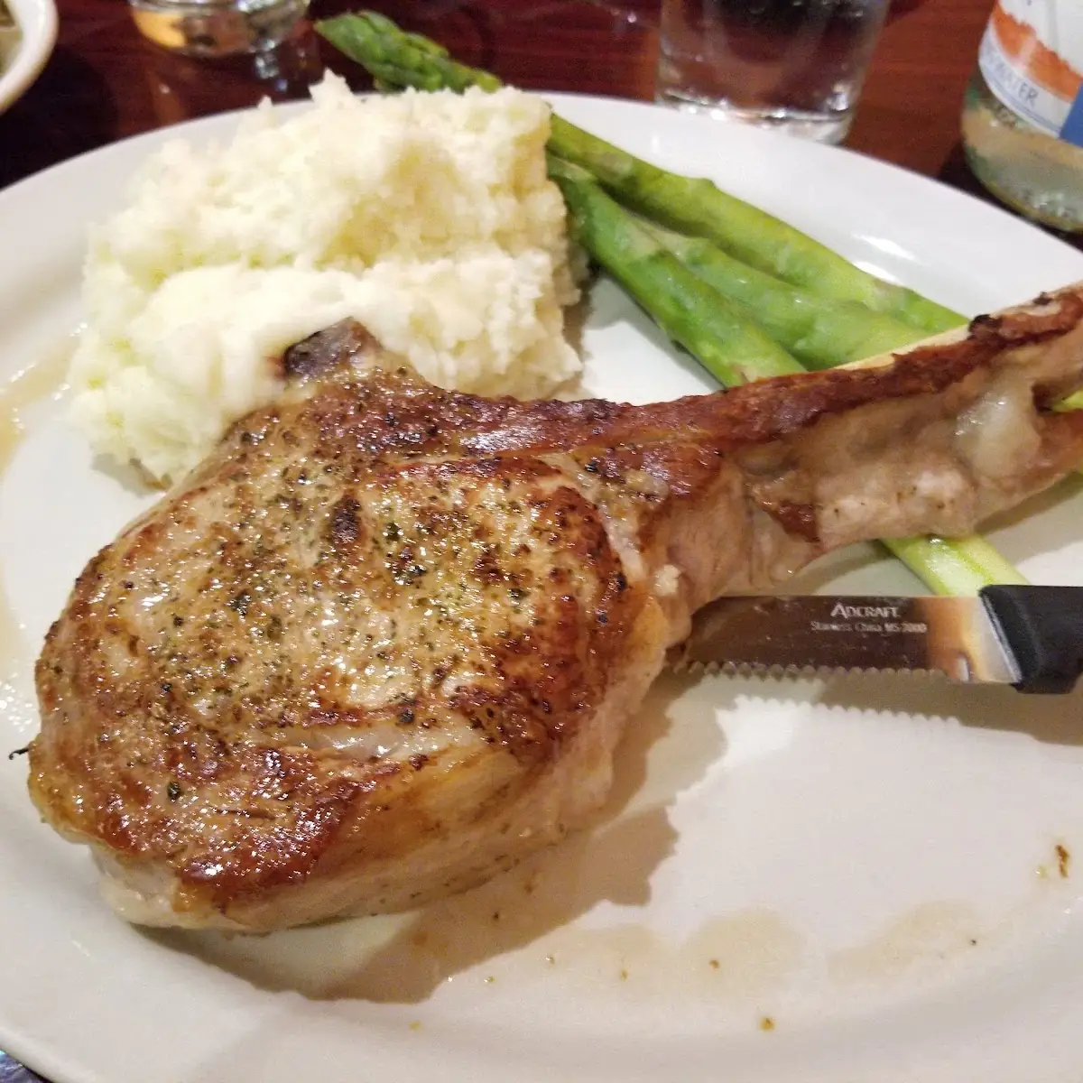 Grilled Veal Chop with Mashed Potatoes and Asparagus