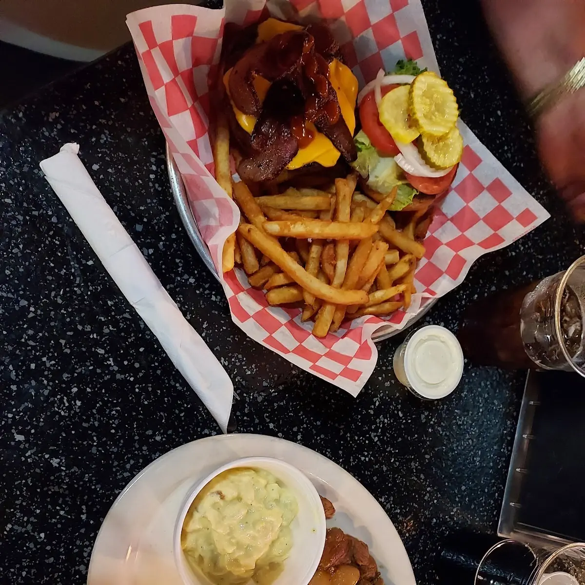 Bison Cheese Burger and Bison Tips