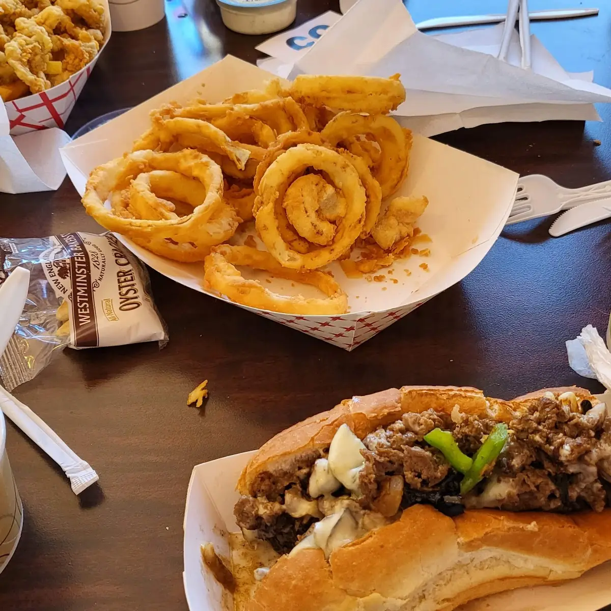 Steak Sandwich and Onion Rings