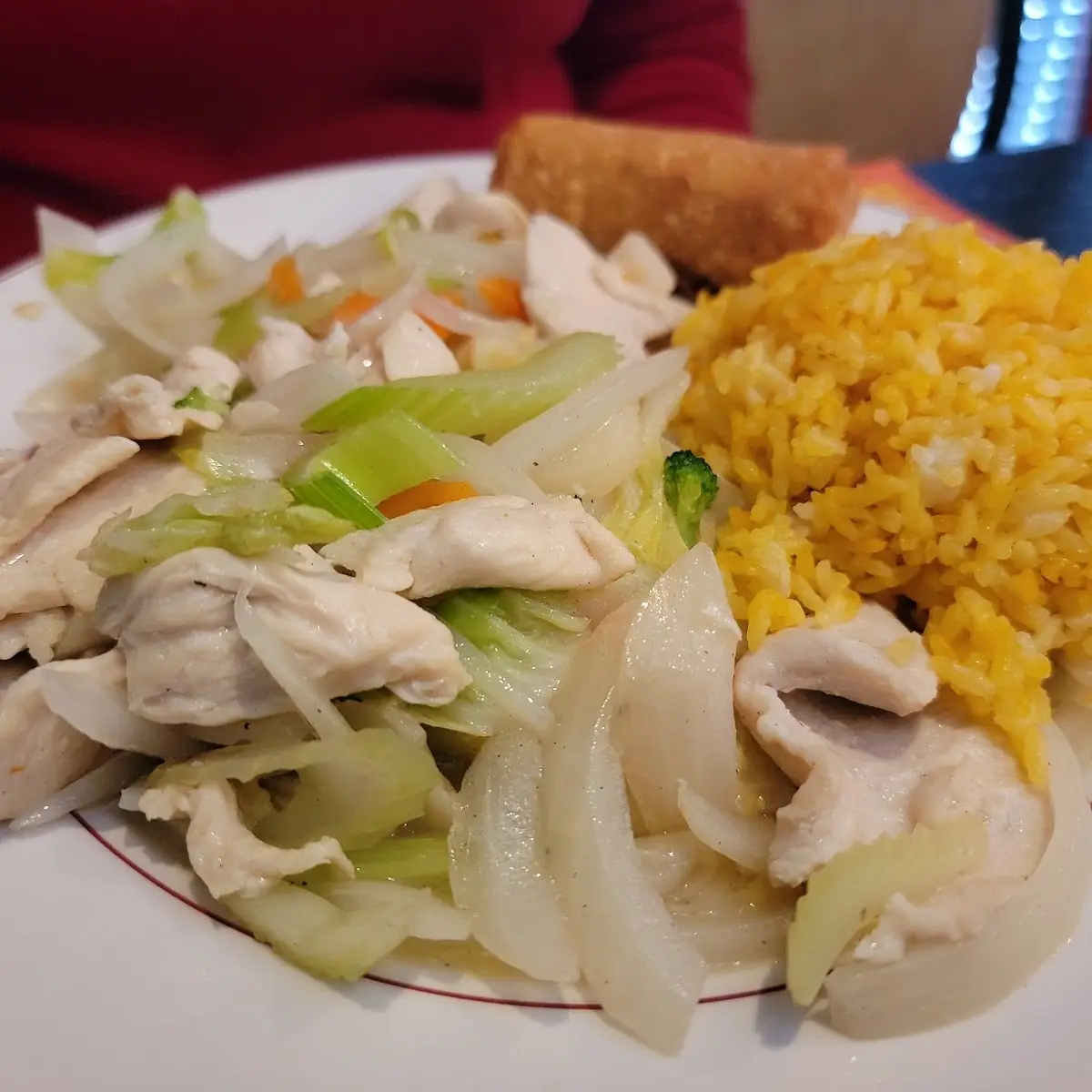 Chicken Chow Mein with Fried Rice and Egg Roll