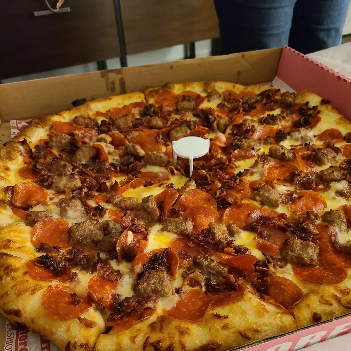 Pepperoni Bacon and Sausage Pizza