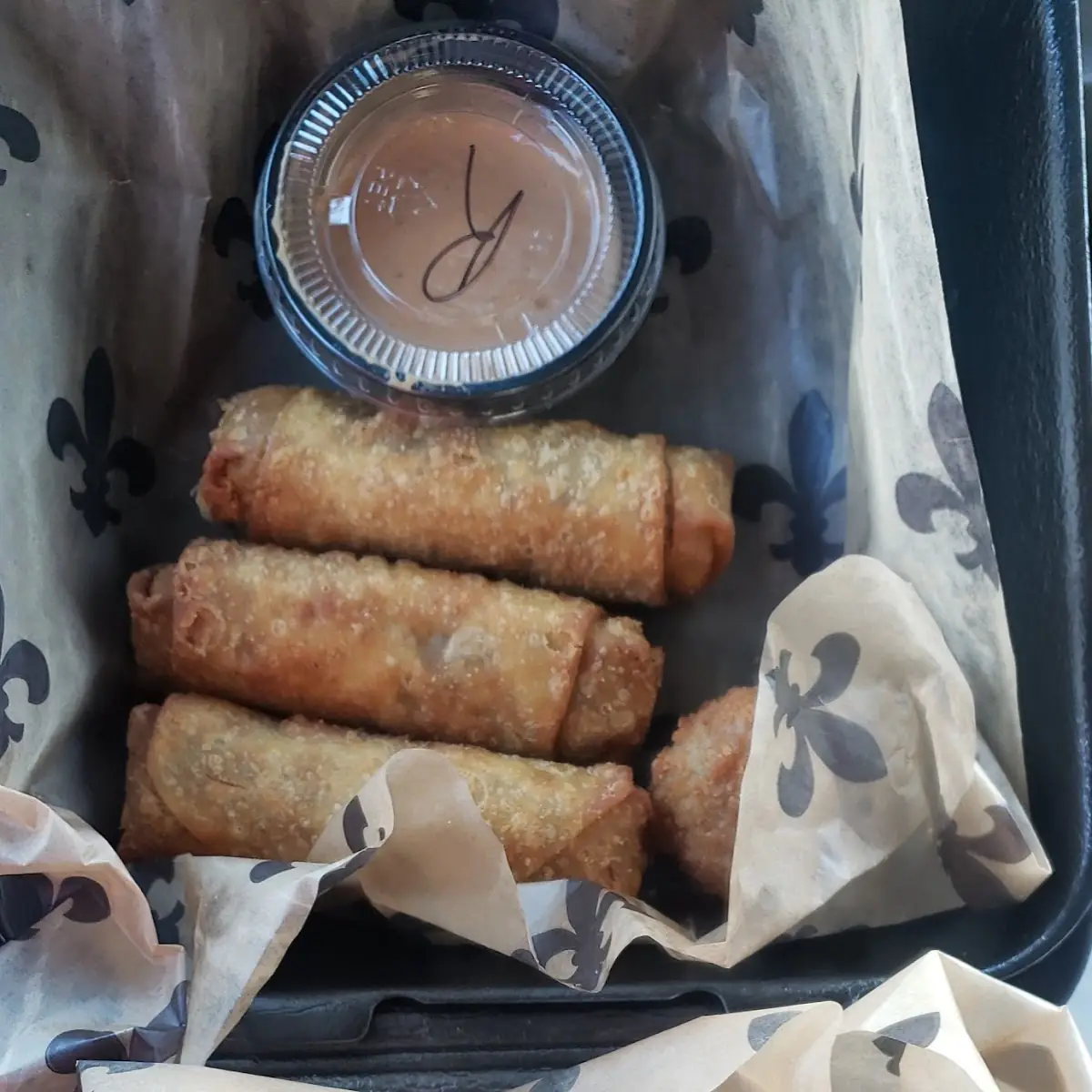 Whiskey Fried Onion Rings and Boudin Egg Roll