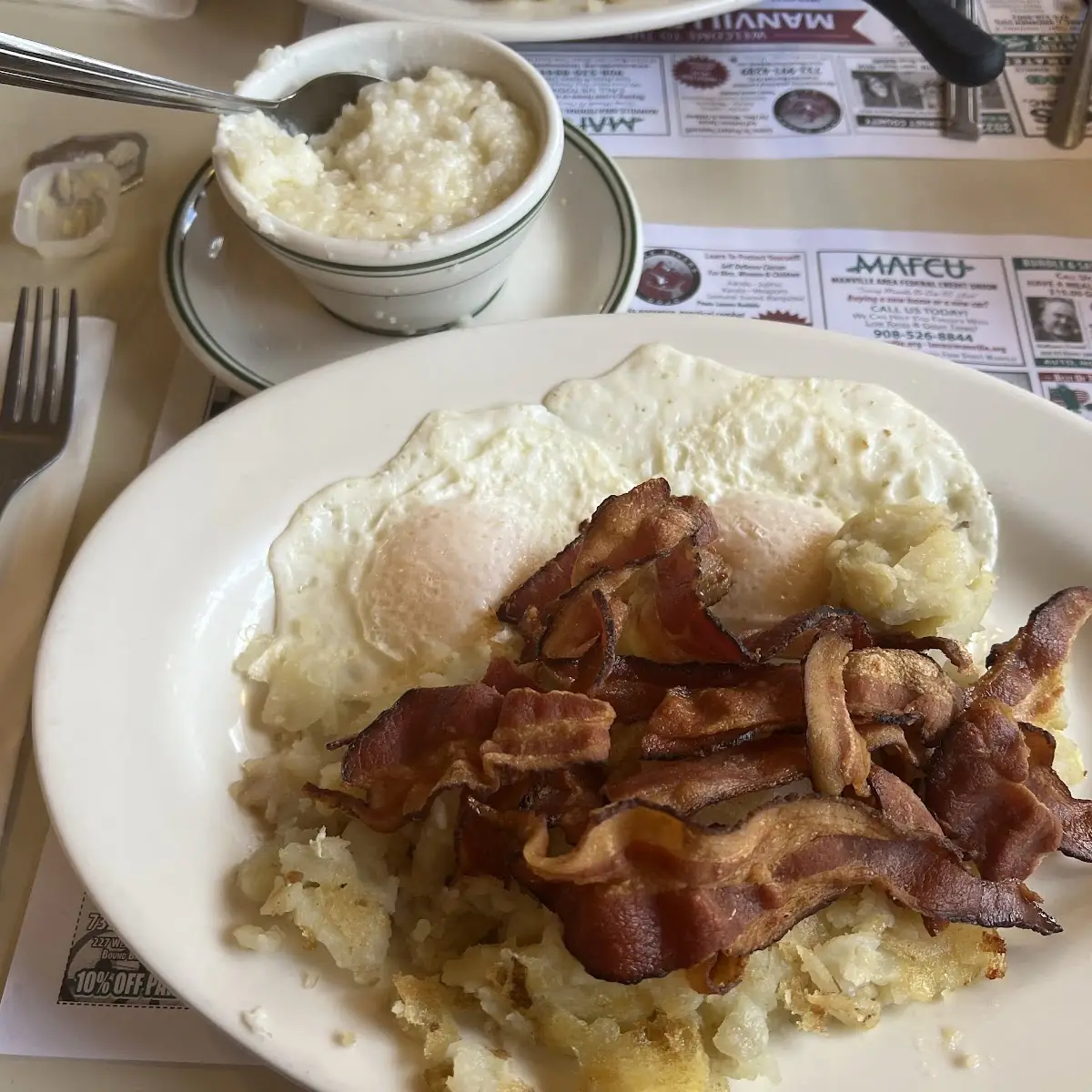 Two Eggs over Easy with Bacon and Hash Browns