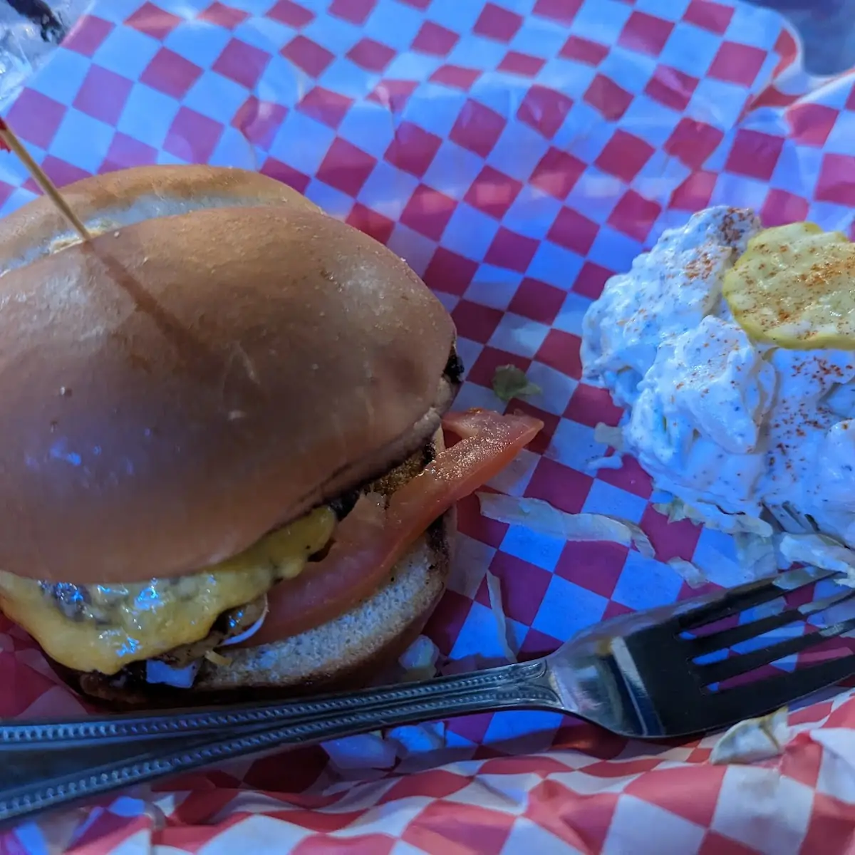 Deluxe Burger and Potato Salad