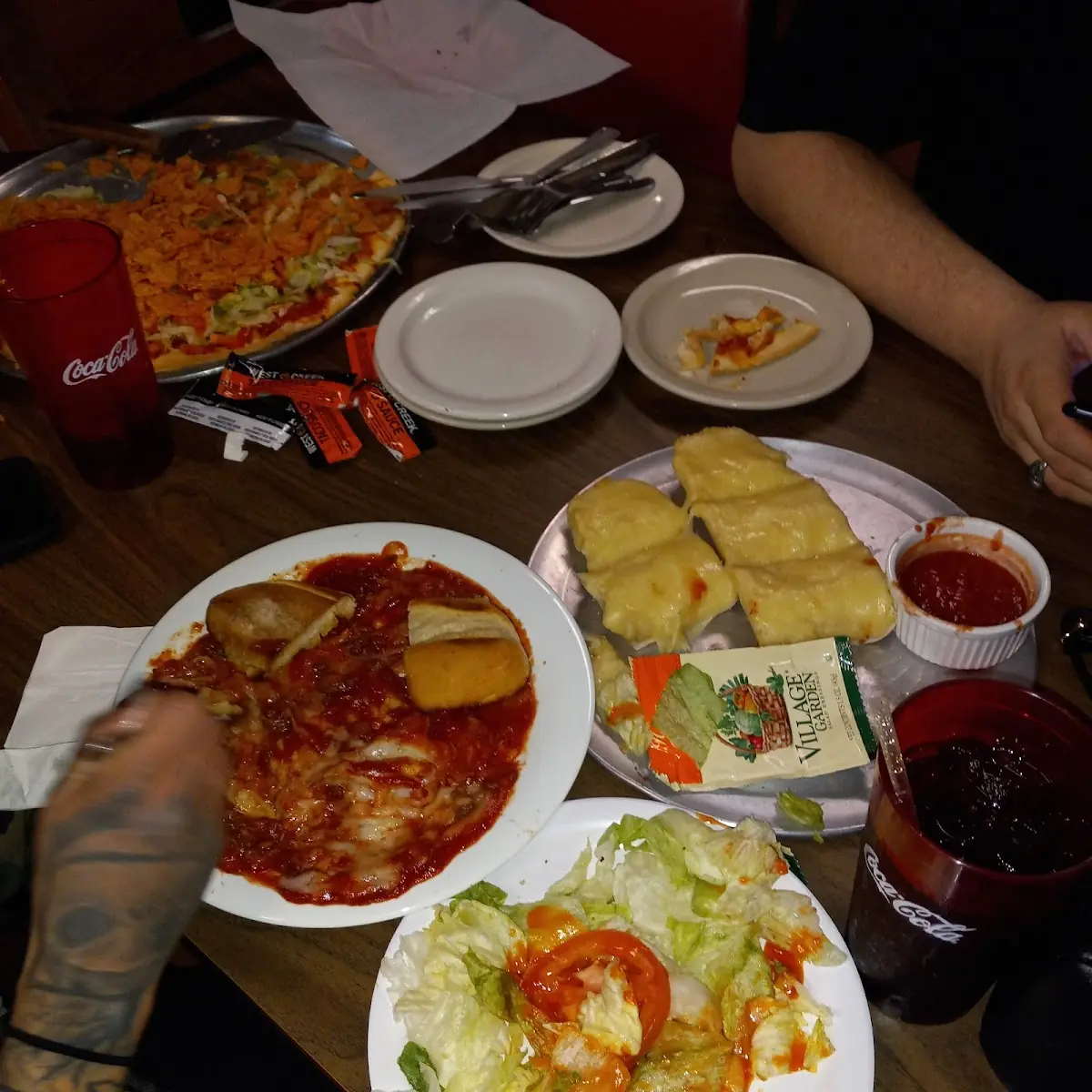 Lasagna Dinner with Garlic Bread Salad and Taco Pizza