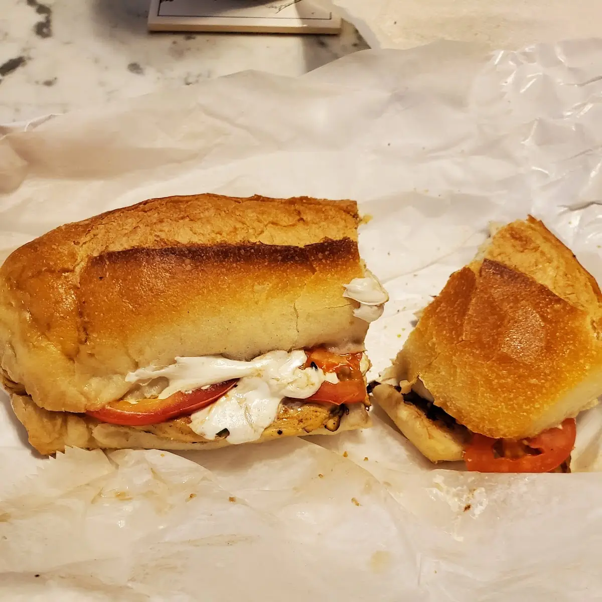 Chicken Mozzarella Tomato on Garlic Bread with Basalmic Dressing