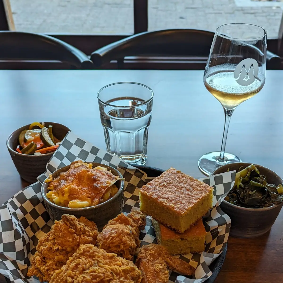 4pc Combo with Mac N Cheese Collard Greens Cornbread and a Side of Pickled Veggies