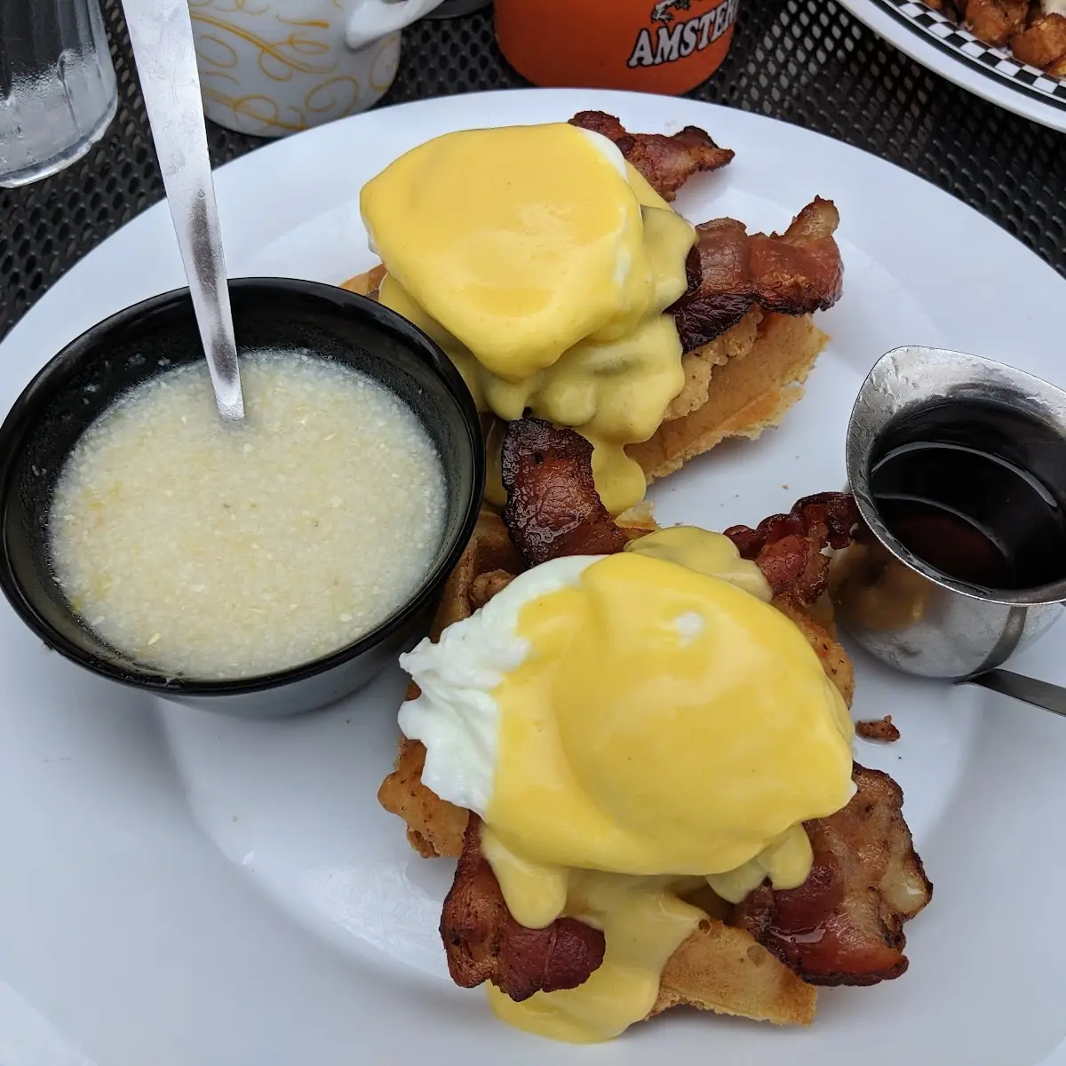 Chicken and Waffles Benedict with Grits