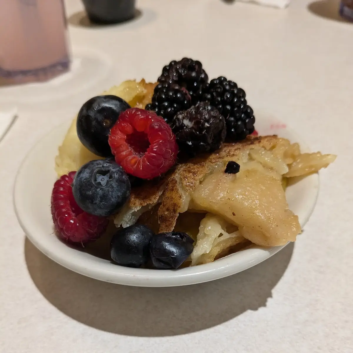 Bread Pudding Peach Cobbler w Assorted Fresh Fruit