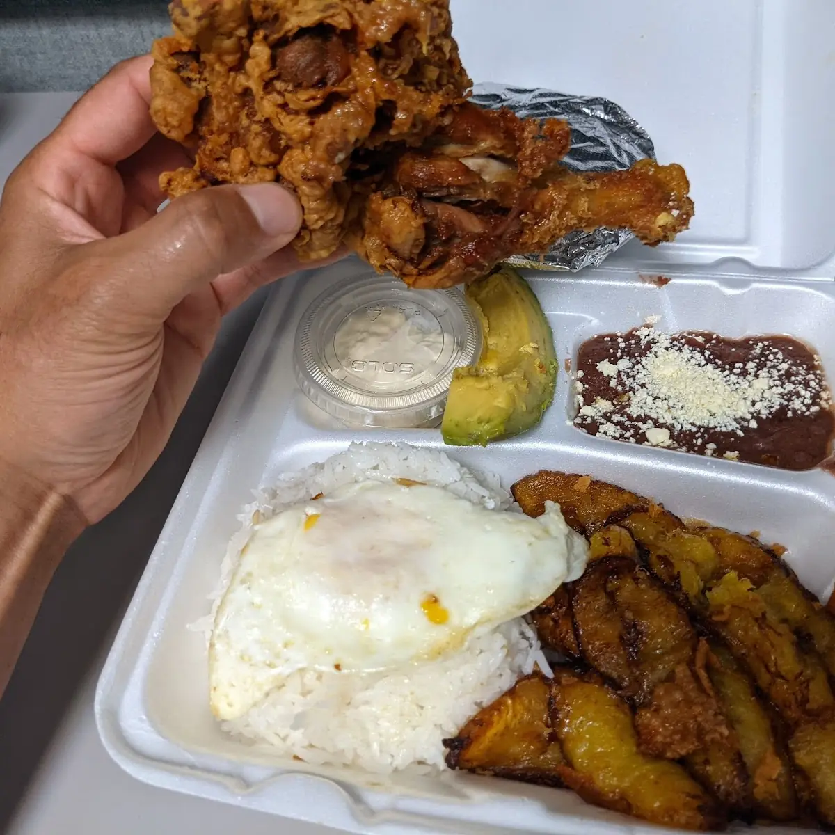 Fried Chicken Egg Bean and White Rice Plate