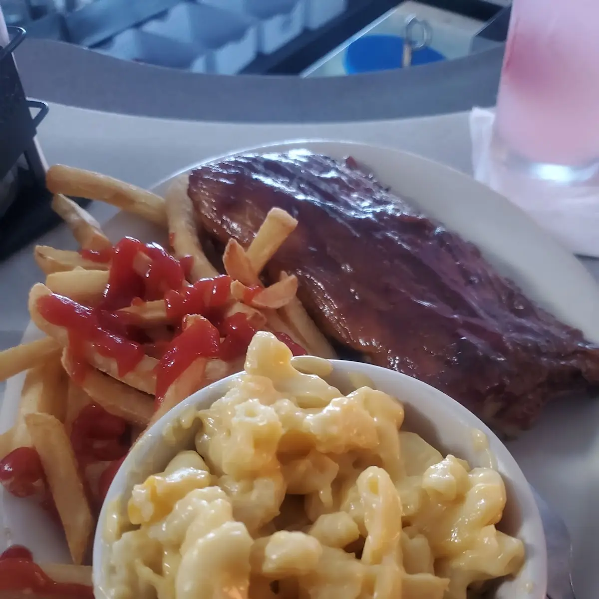 Ribs with Fries and Mac and Cheese