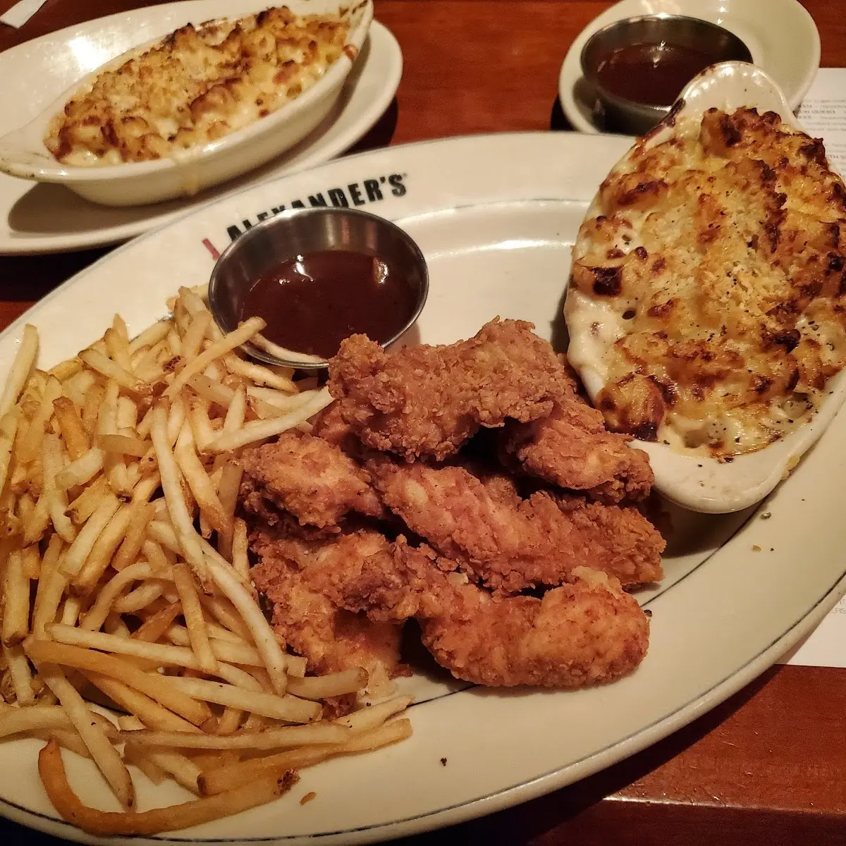 Chicken Fingers Loaded Mashed Potatoes Mac and Cheese