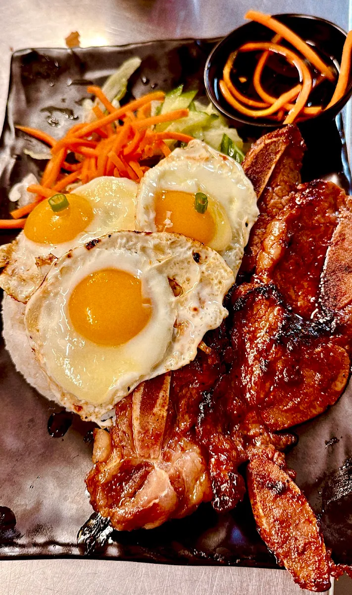 Combo Three Charbroiled BBQ Pork Chop Shredded Pork and Fried Egg on Steamed Rice