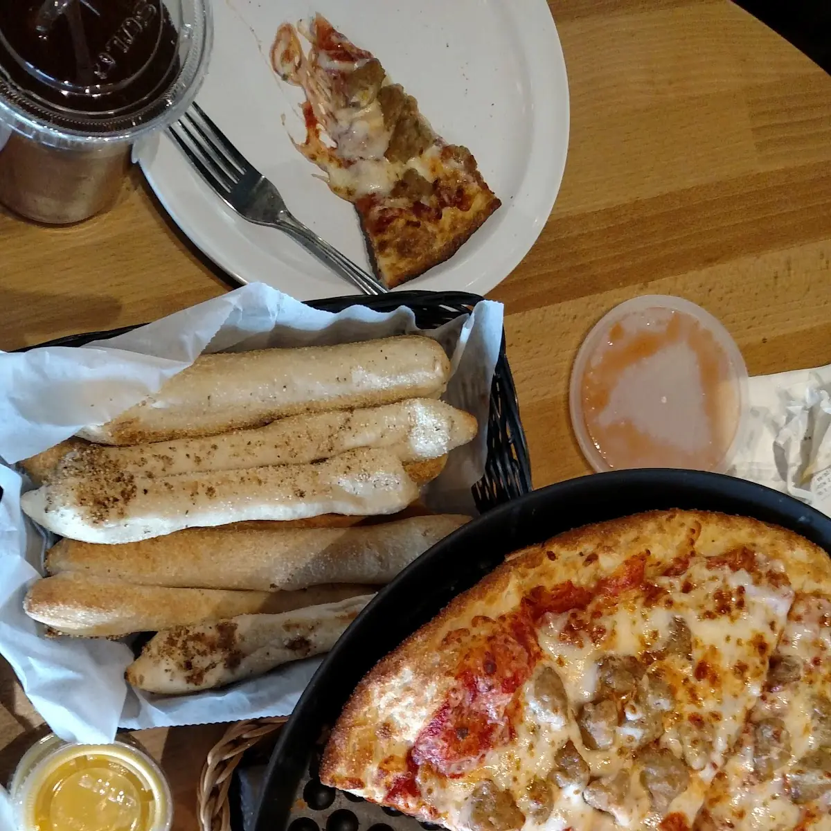 Sausage Pizza and Bread Sticks and Cheese Dip