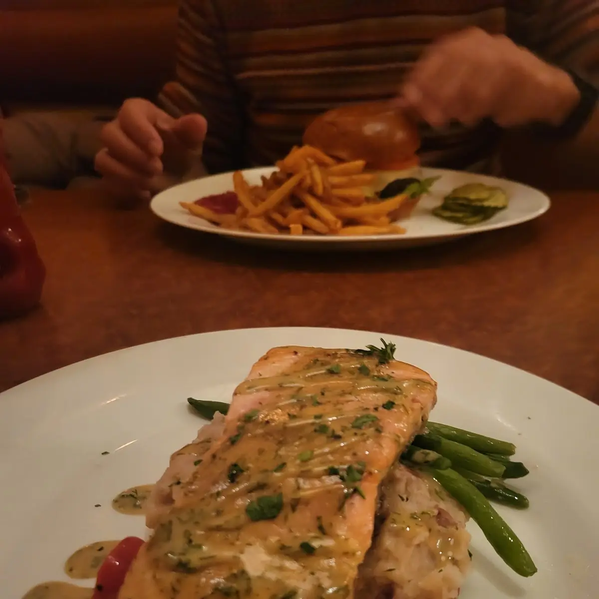 Maple Glazed Salmon Filet Mashed Garlic Potatoes and Green Beans Also Soup or Salad