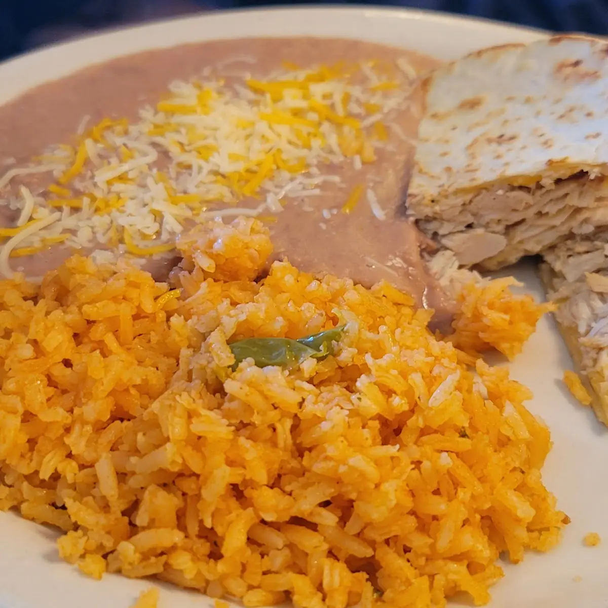Kids Chicken Quesadilla w Rice an Beans