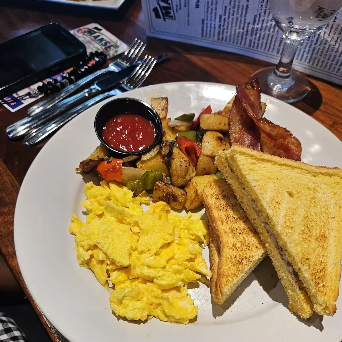 Scrambled Eggs Home Potatoes Bacon and Toast