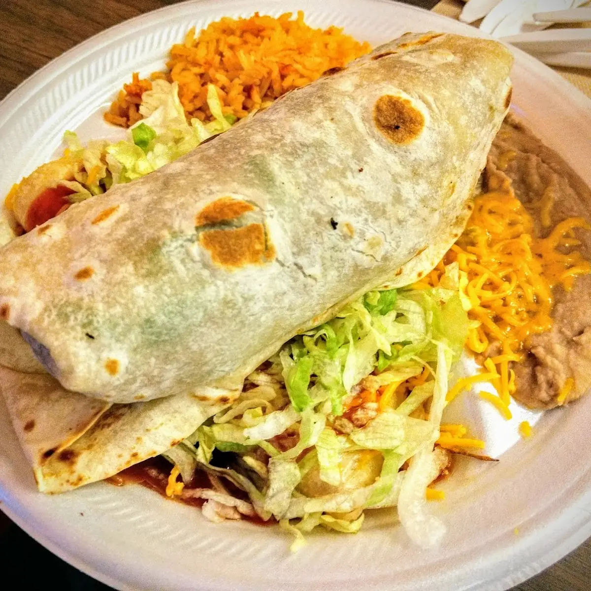 Combo 1 Beef Burrito Cheese Enchilada Rice and Beans