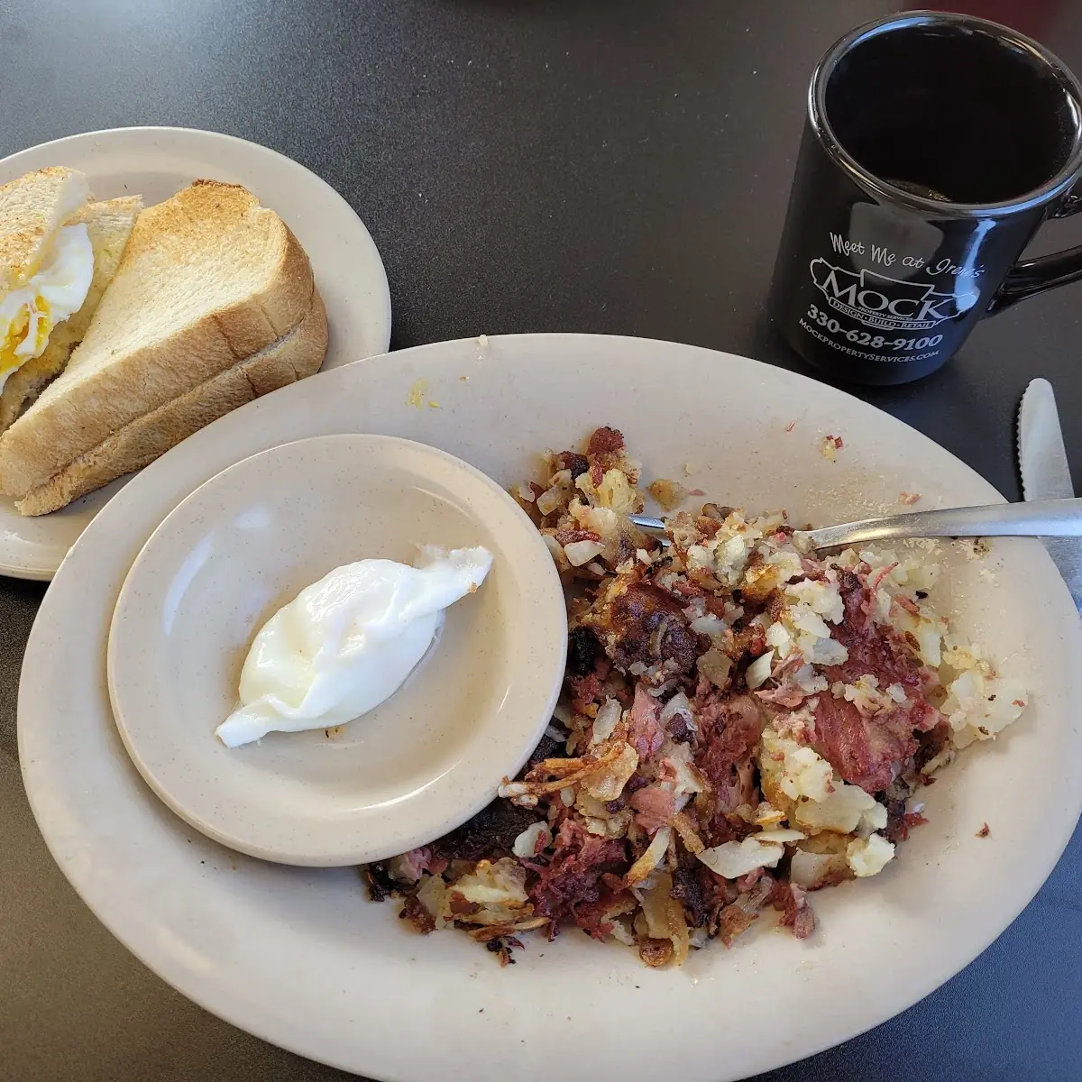 Corned Beef Hash Poached Eggs and Sourdough Toast