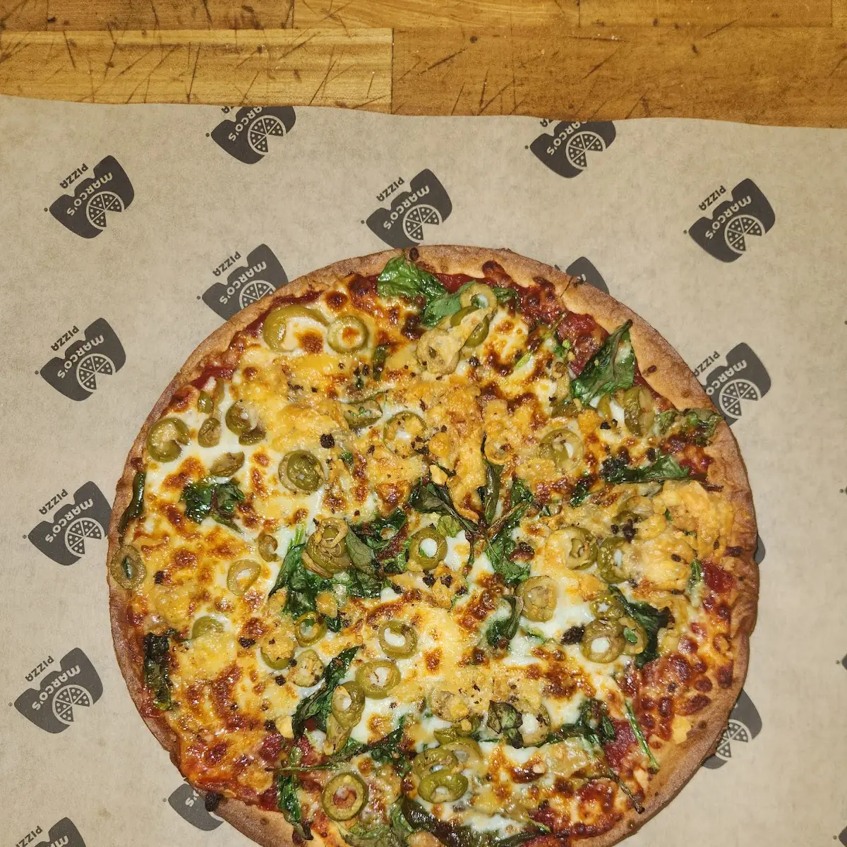 Thin Crust Big Cheese Pizza with Spinach and Green Olives