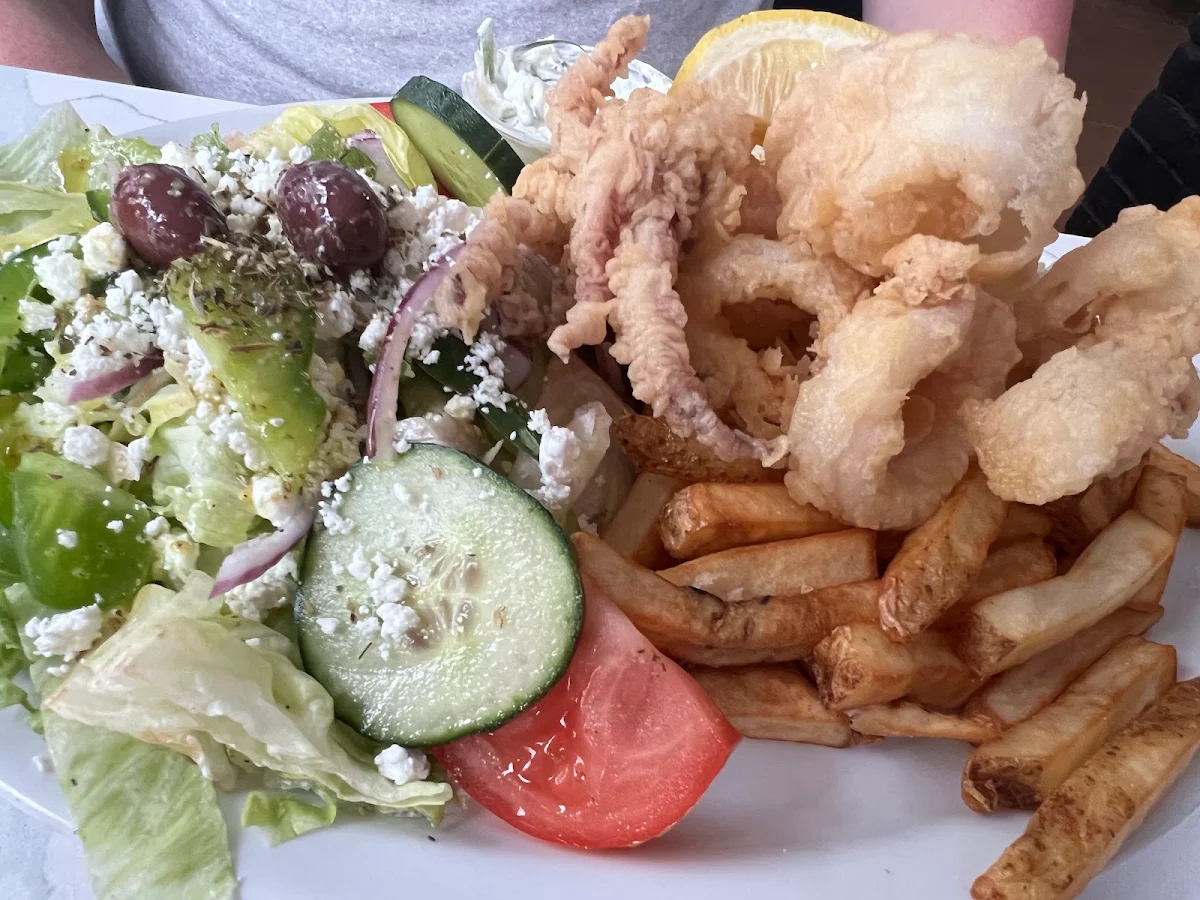 Fried Calamari Pita with Tzatziki Tomatoes Lettuce Onions & French Fries Wrapped in Warm Pita, Limani on Hess