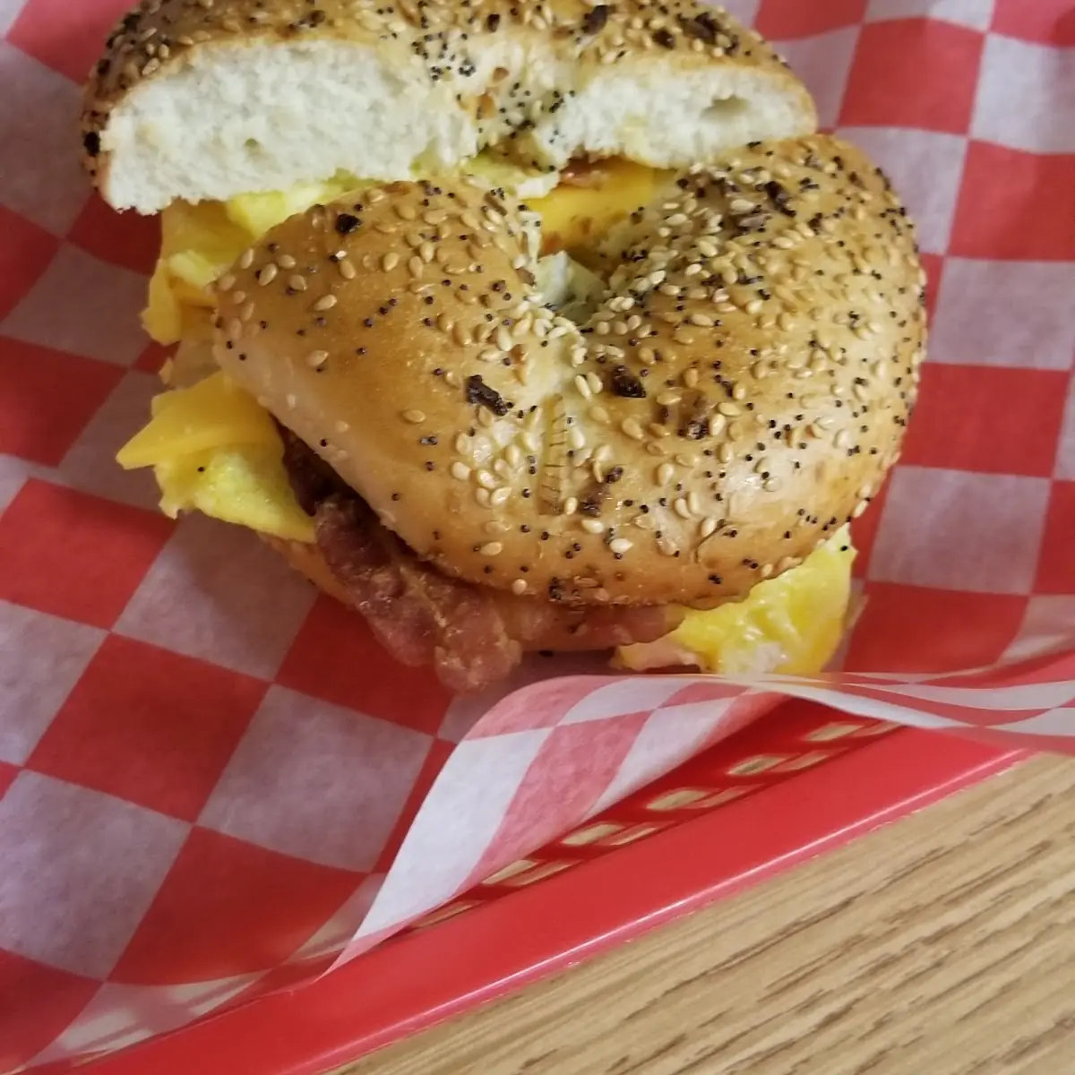 Bacon Egg and Chees on an Everything Bagel