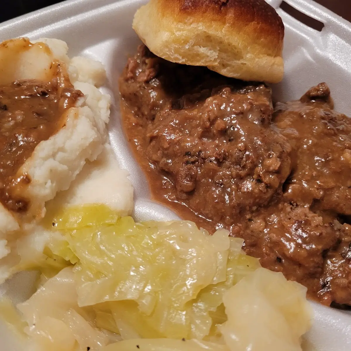 Hamburger Steak with Gravy Mashed Potatoes Cabbage Roll