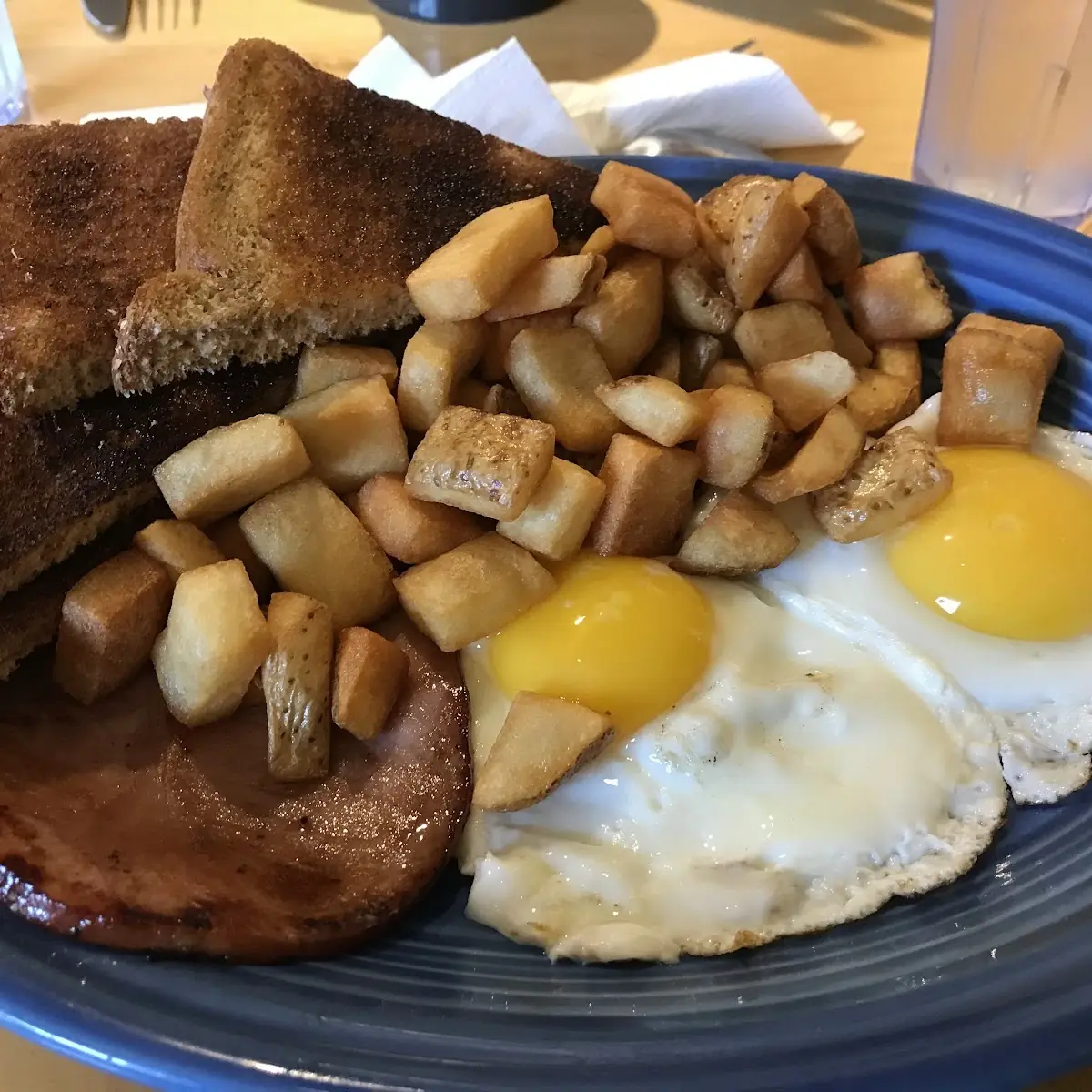 Eggs Deep Fried Potaotes and Ham
