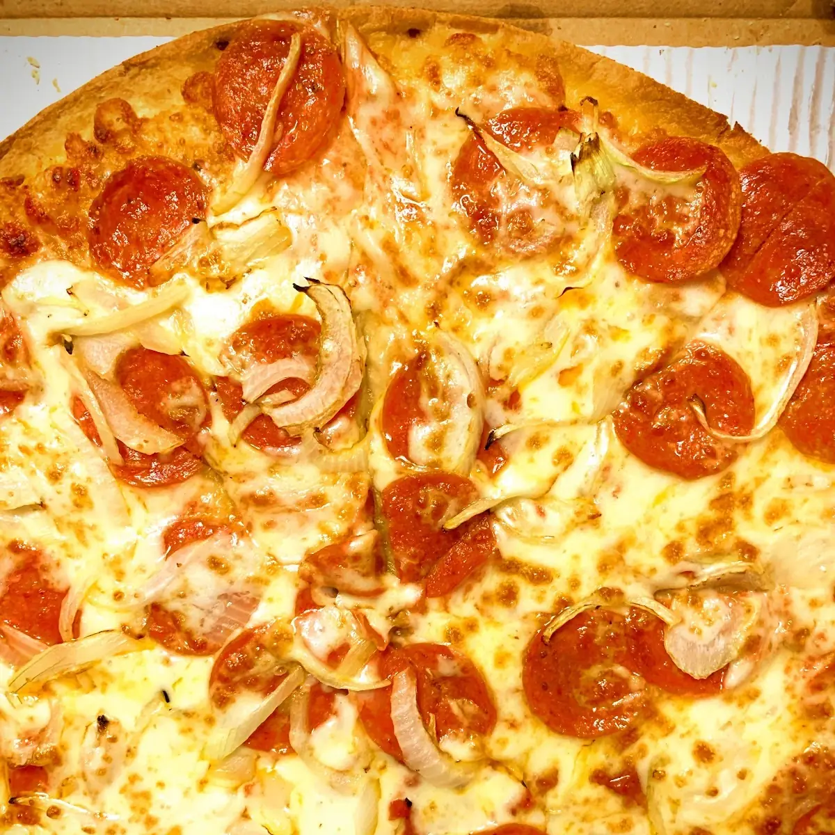 Thin Crust Cheese Pizza Pepperoni and Onions