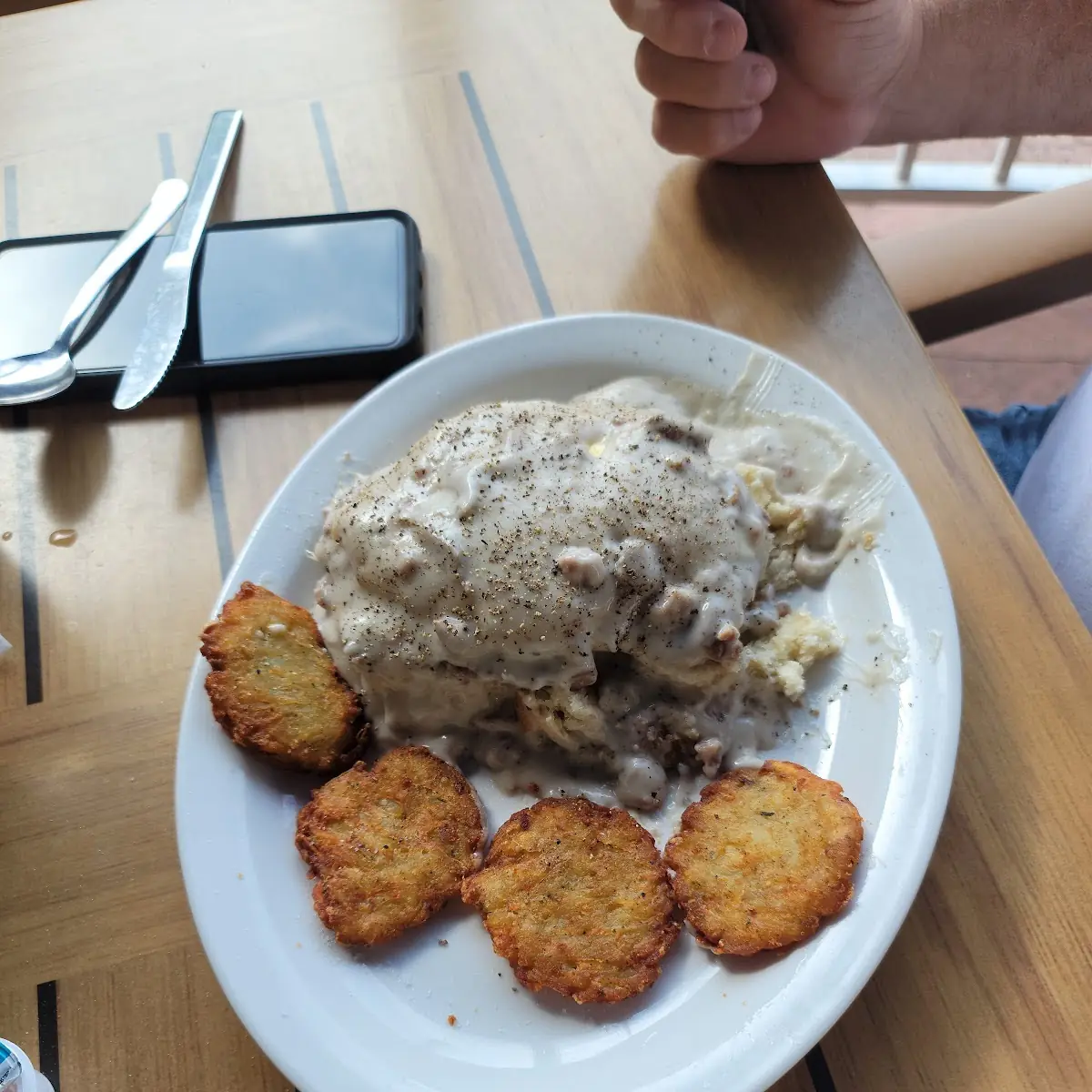 Biscuits and Sausage Gravy and Potato Cakes