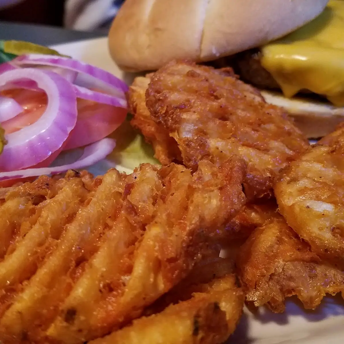 Cheeseburger and Waffle Fries