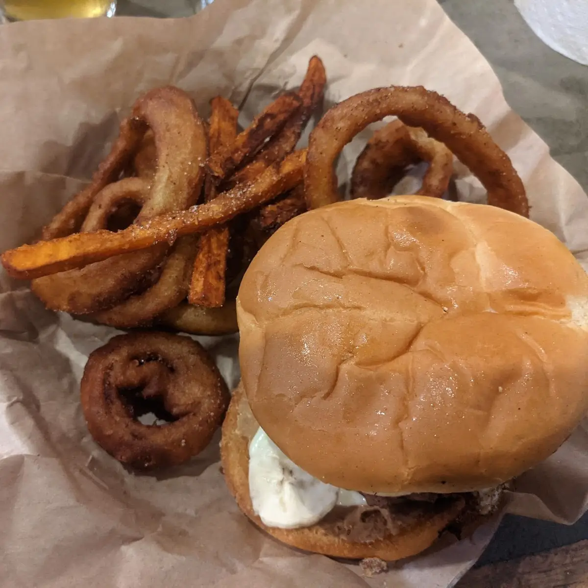 Later Days Burger with Onion Rings